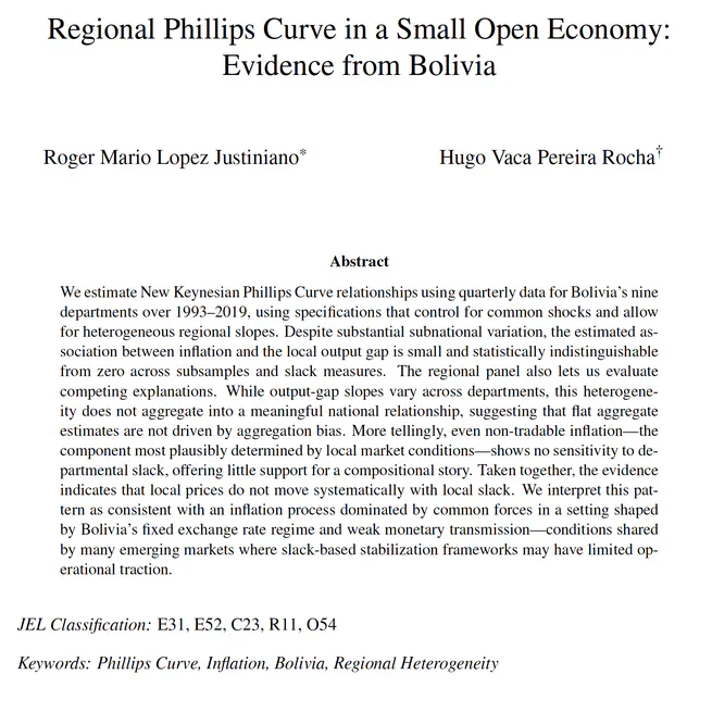 Regional Phillips Curve in a Small Open Economy: Evidence from Bolivia