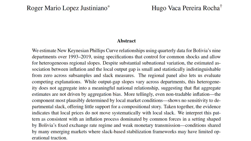 Regional Phillips Curve in a Small Open Economy: Evidence from Bolivia